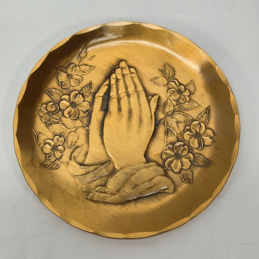 Vintage Wendell August Forge Solid Bronze Praying Hands Floral Plate Tray 4½"